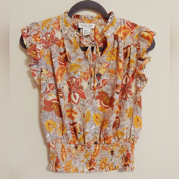 Rachel Zoe Flutter sleeve tie neck blouse, shirred waist, xsmall multicolor - Picture 2 of 5